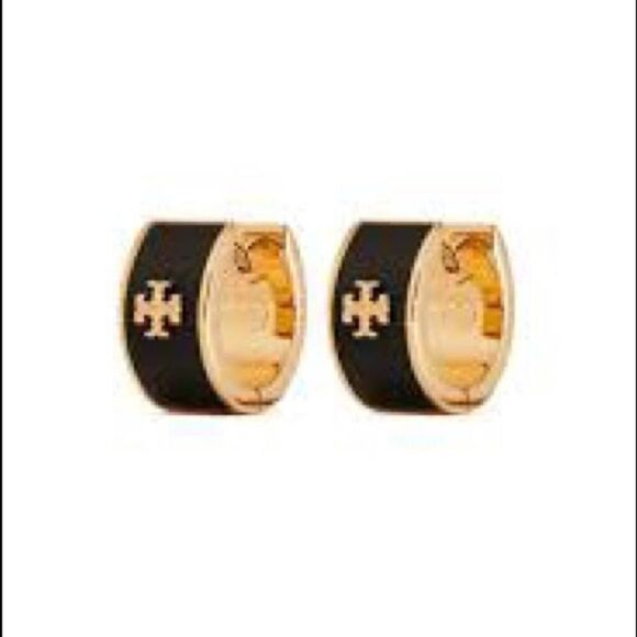 New Tory Burch Gold ,Black Enamel Small Huggie Hoops - Picture 1 of 5